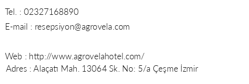 Agrovela Hotel telefon numaralar, faks, e-mail, posta adresi ve iletiim bilgileri